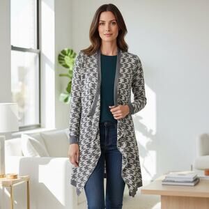 Women’s Staccato Sweater Cardigan Open Front Knit Gray Ivory Tribal Size Medium